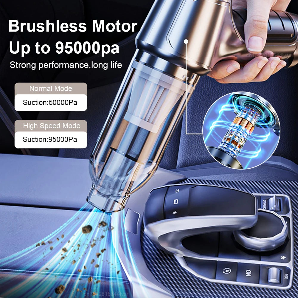 Portable Wireless Car Vacuum Cleaner with 95000PA Suction Power - Handheld Vacuum and Blower for Home and Vehicle Use