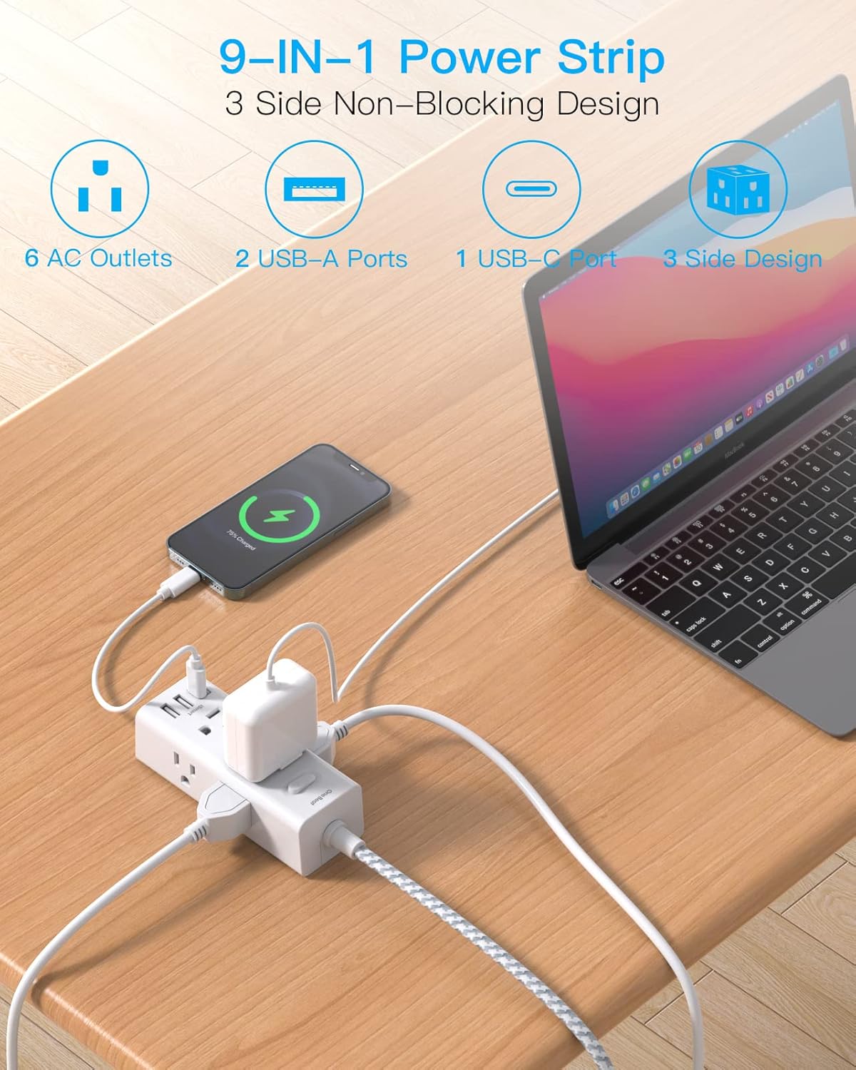 Power Strip Surge Protector, 6 Outlets with 3 USB Ports (1 USB C), Multi Plug Wall Outlet Extender, 5Ft Flat Plug Extension Cord Charging Station, Small Power Strip for Travel Home Office College Dorm