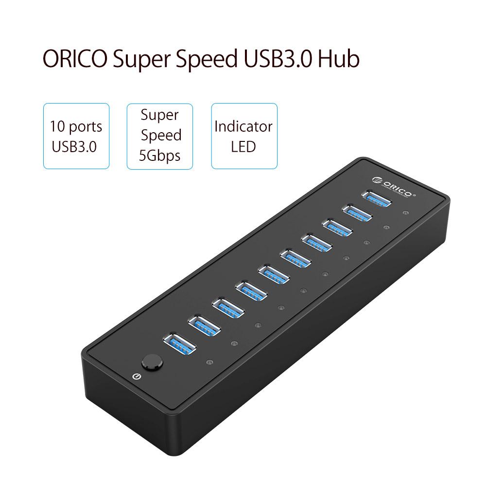 ORICO USB HUB3.0 External 10 Port USB Splitter with VL812 12V3A EU/UK Power Adapter