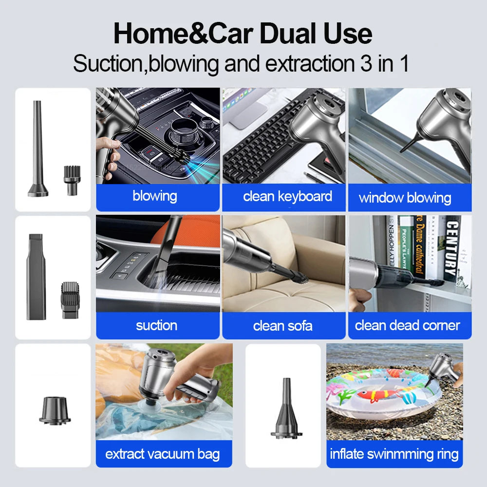 Portable Wireless Car Vacuum Cleaner with 95000PA Suction Power - Handheld Vacuum and Blower for Home and Vehicle Use